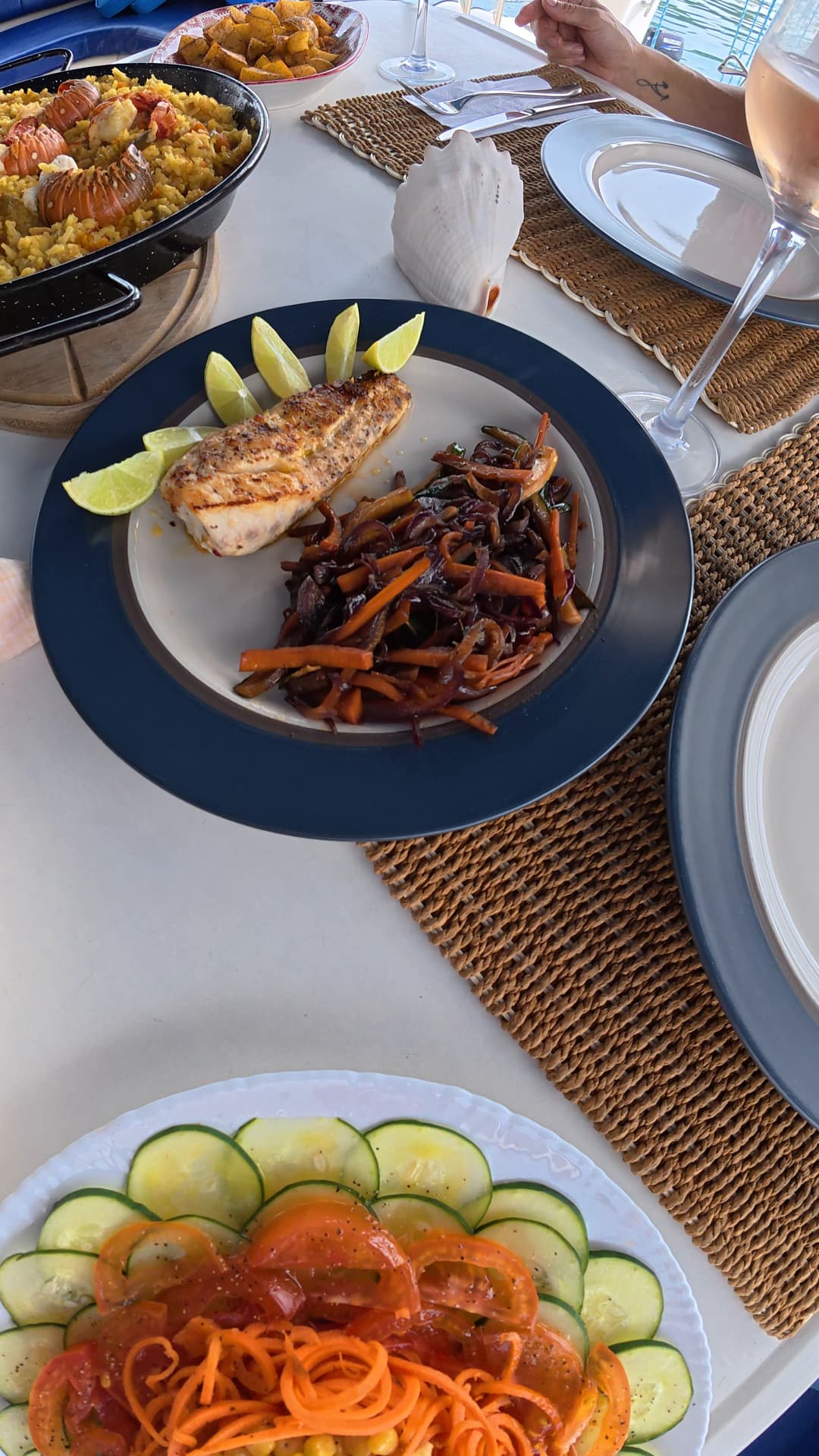 Fresh fish and colorful side dishes served aboard a private San Blas yacht